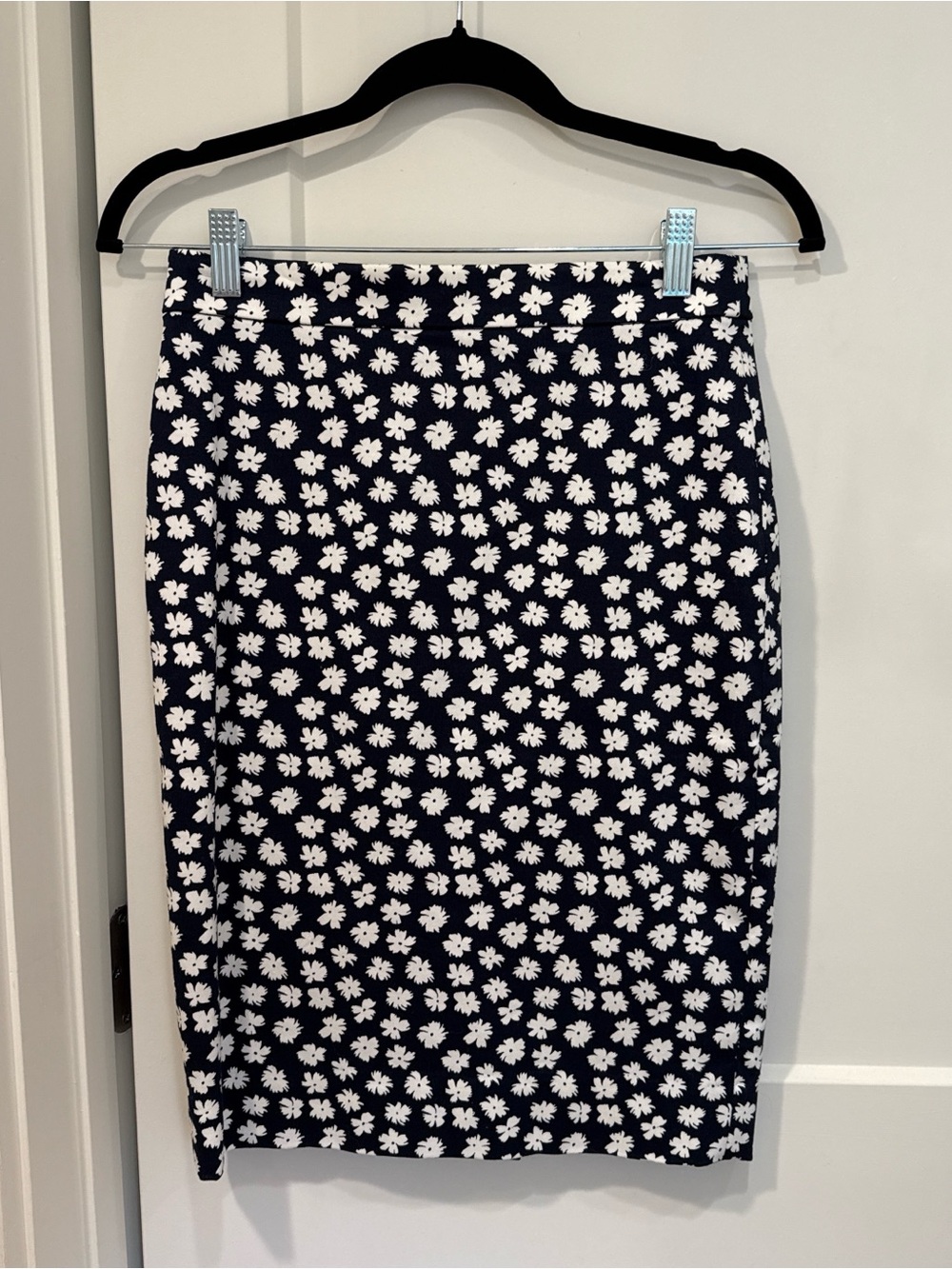 J. Crew Navy Pencil Skirt with White Daisy Print